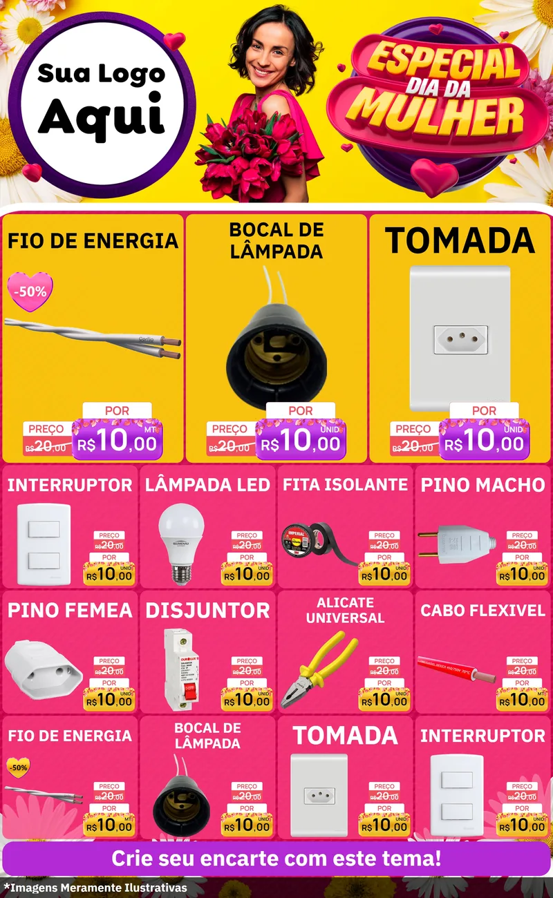Modelo de Encarte para Encarte Grande com o tema Especial Dia da Mulher para Materiais Elétricos