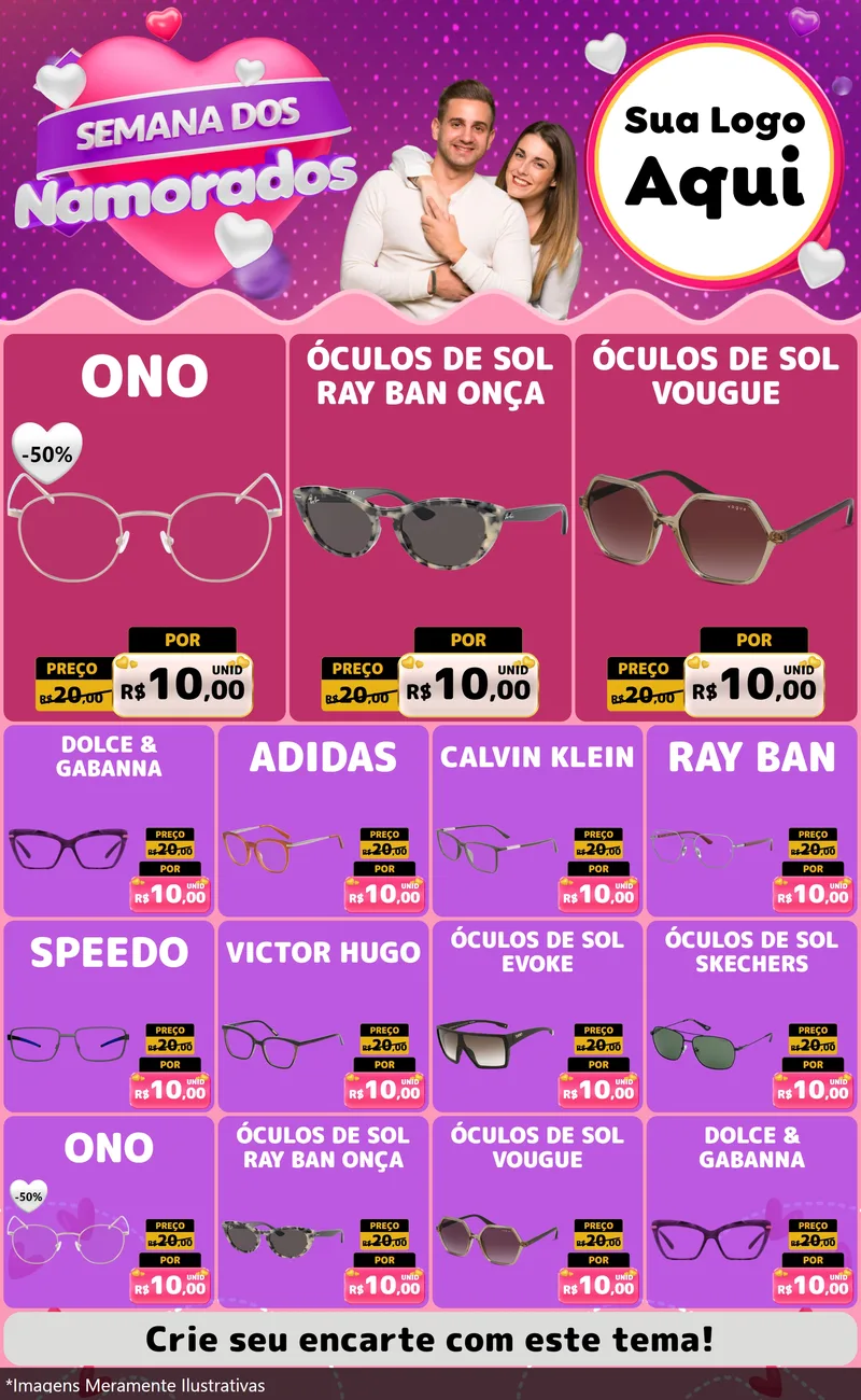 Modelo de Encarte para Encarte Grande com o tema Semana dos Namorados para Óticas
