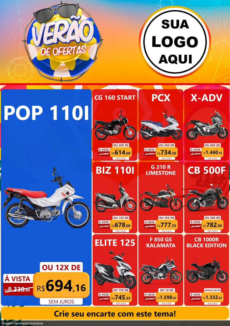 Modelo de Encarte para Encarte A4 Vertical com o tema Verão de Ofertas para Concessionaria de Motos