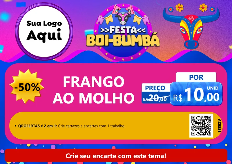 Modelo de Cartaz para Cartaz A4 Horizontal com o tema Festa Boi-Bumbá para Restaurante