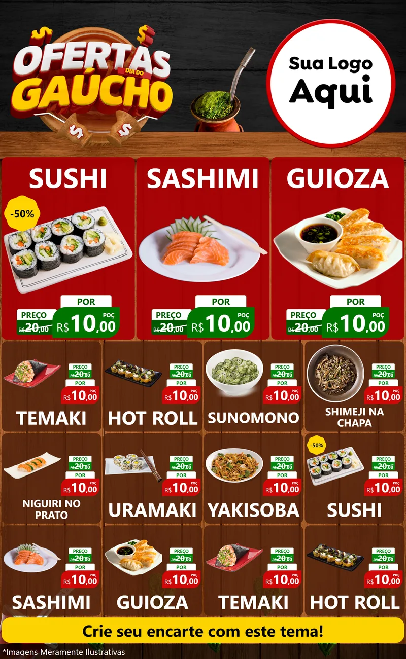 Modelo de Encarte para Encarte Grande com o tema Ofertas Dia do Gaúcho para Comida japonesa