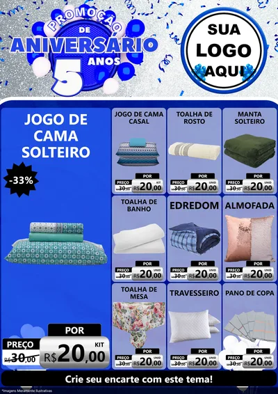 Modelo de Encarte para Encarte A4 Vertical com o tema Promoção de Aniversário - 5 Anos para Cama, Mesa e Banho