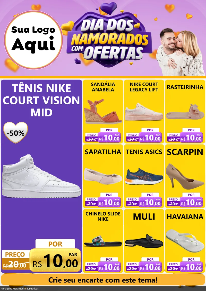 Modelo de Encarte para Encarte A4 Vertical com o tema Dia Dos Namorados Com Ofertas para Calçados