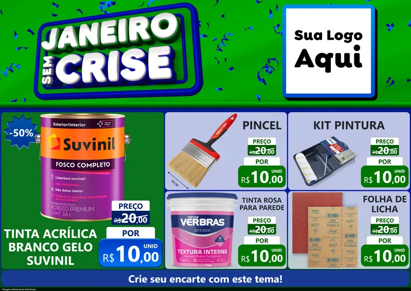 Modelo de Encarte para Encarte A4 Horizontal com o tema Janeiro Sem Crise para Tintas e Ferramentas