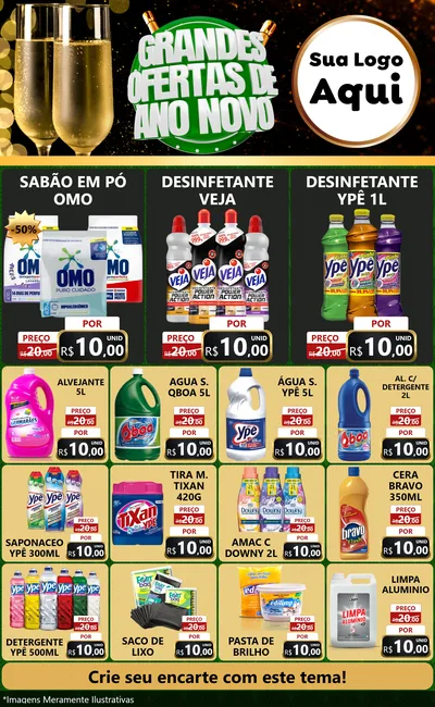 Modelo de Encarte para Encarte Grande com o tema Grandes Ofertas de Ano Novo para Produtos de Limpeza