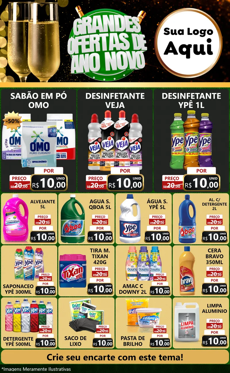 Modelo de Encarte para Encarte Grande com o tema Grandes Ofertas de Ano Novo para Produtos de Limpeza