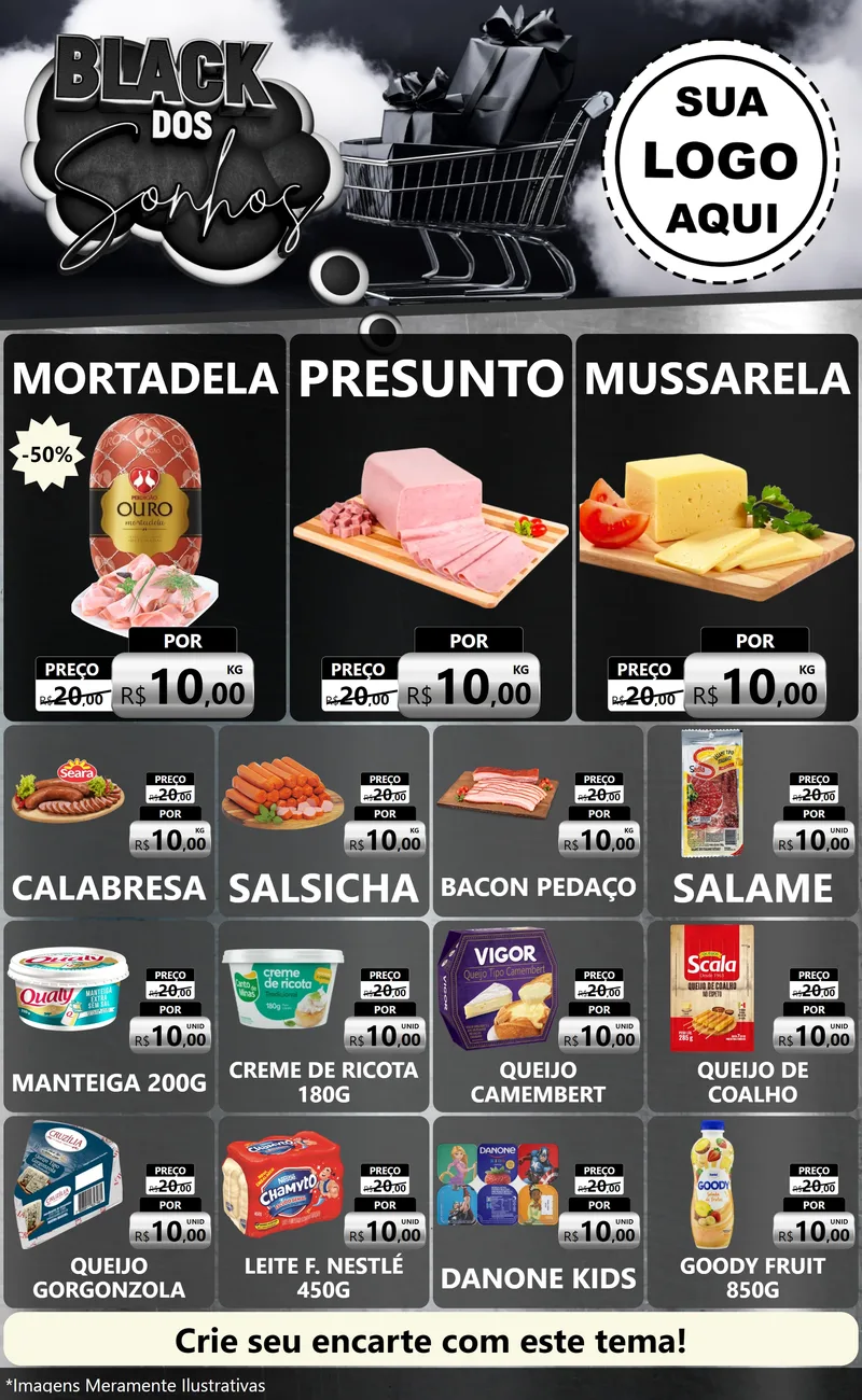 Modelo de Encarte para Encarte Grande com o tema Black dos Sonhos para Frios e Laticínios