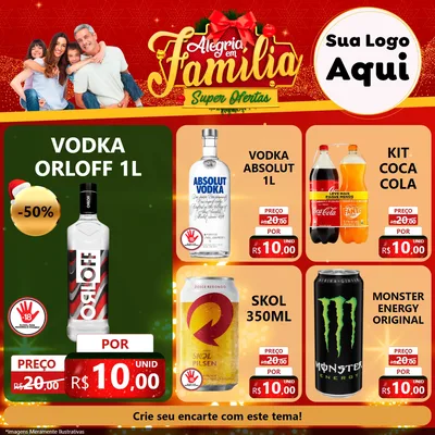 Modelo de Rede Social para Feed Facebook com o tema Alegria em Família Super Ofertas - Natal para Distribuidora de bebidas