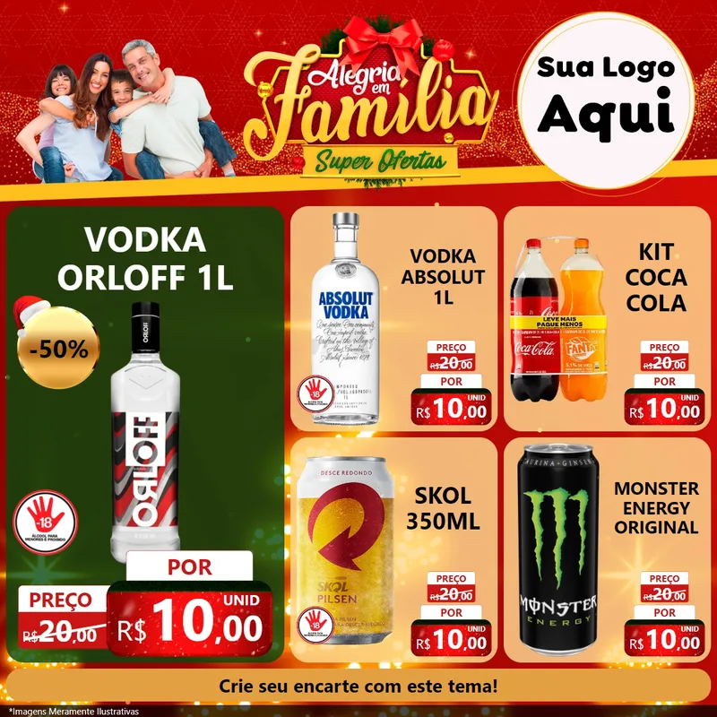 Modelo de Rede Social para Feed Facebook com o tema Alegria em Família Super Ofertas - Natal para Distribuidora de bebidas