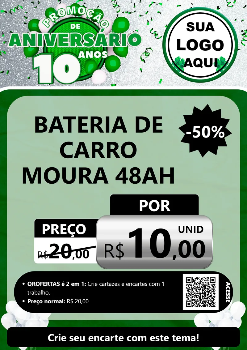 Modelo de Cartaz para Cartaz A4 Vertical com o tema Promoção de Aniversário - 10 Anos para Baterias Elétricas