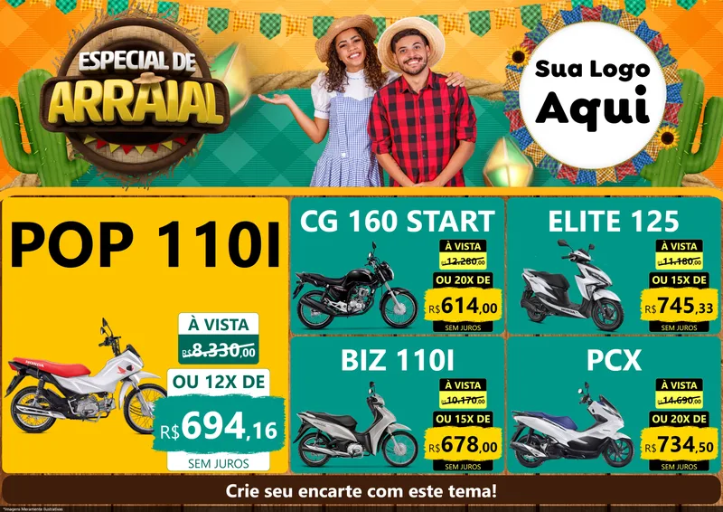 Modelo de Encarte para Encarte A4 Horizontal com o tema Especial De Arraial para Concessionaria de Motos