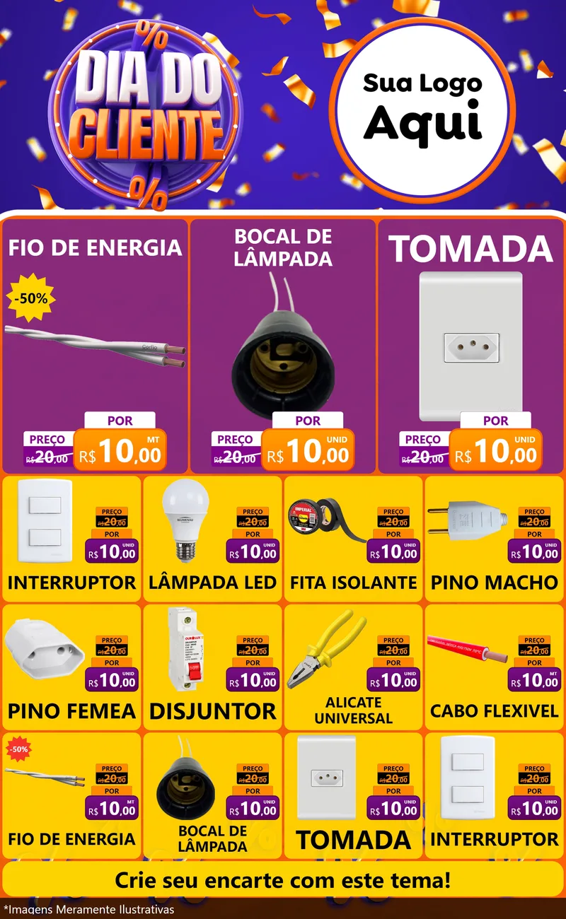 Modelo de Encarte para Encarte Grande com o tema Dia do Cliente para Materiais Elétricos