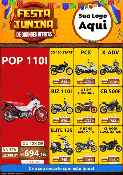 Modelo de Encarte para Encarte A4 Vertical com o tema Festa Junina de Grandes Ofertas para Concessionaria de Motos