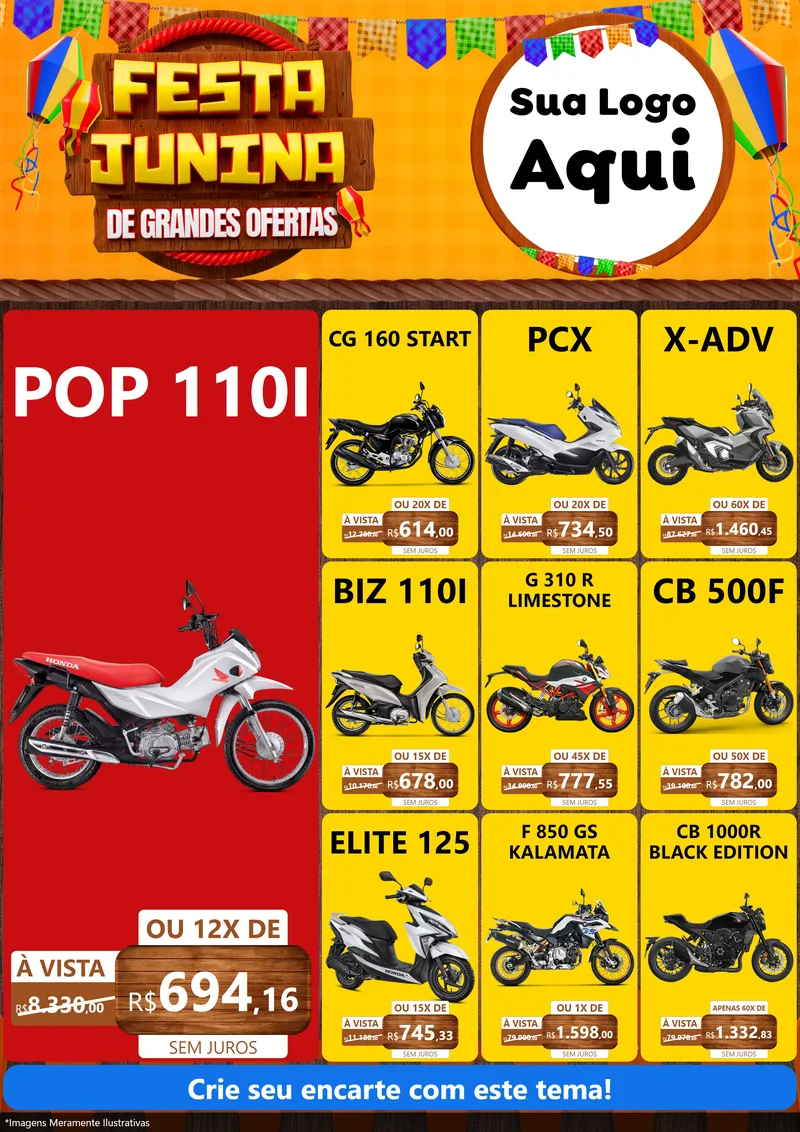 Modelo de Encarte para Encarte A4 Vertical com o tema Festa Junina de Grandes Ofertas para Concessionaria de Motos