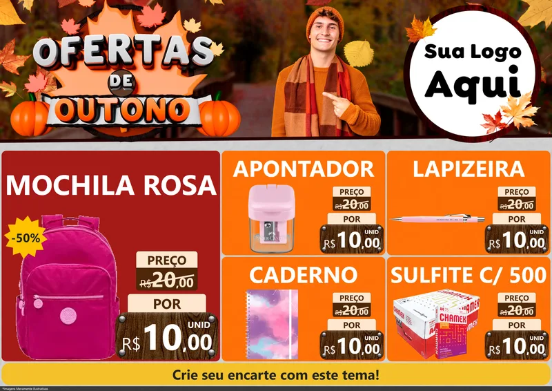 Modelo de Encarte para Encarte A4 Horizontal com o tema Ofertas de Outono para Papelaria