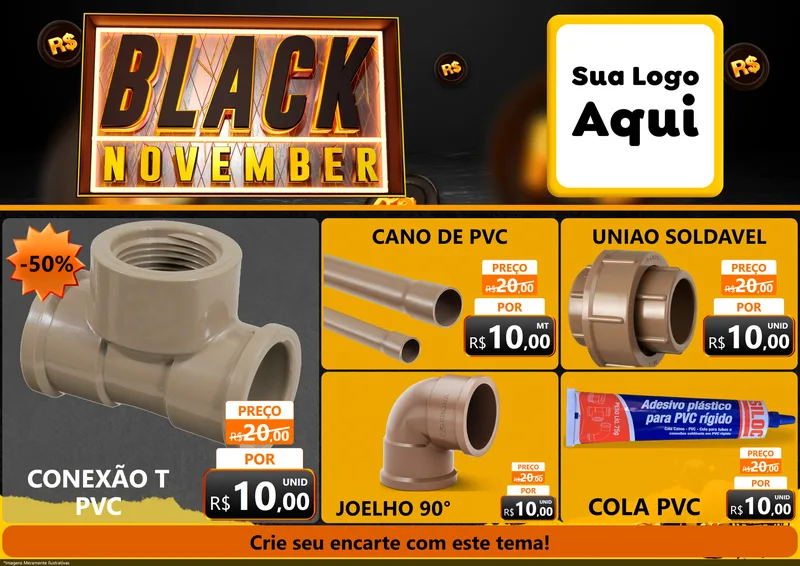 Modelo de Encarte para Encarte A4 Horizontal com o tema Black November para Tubos e conexões