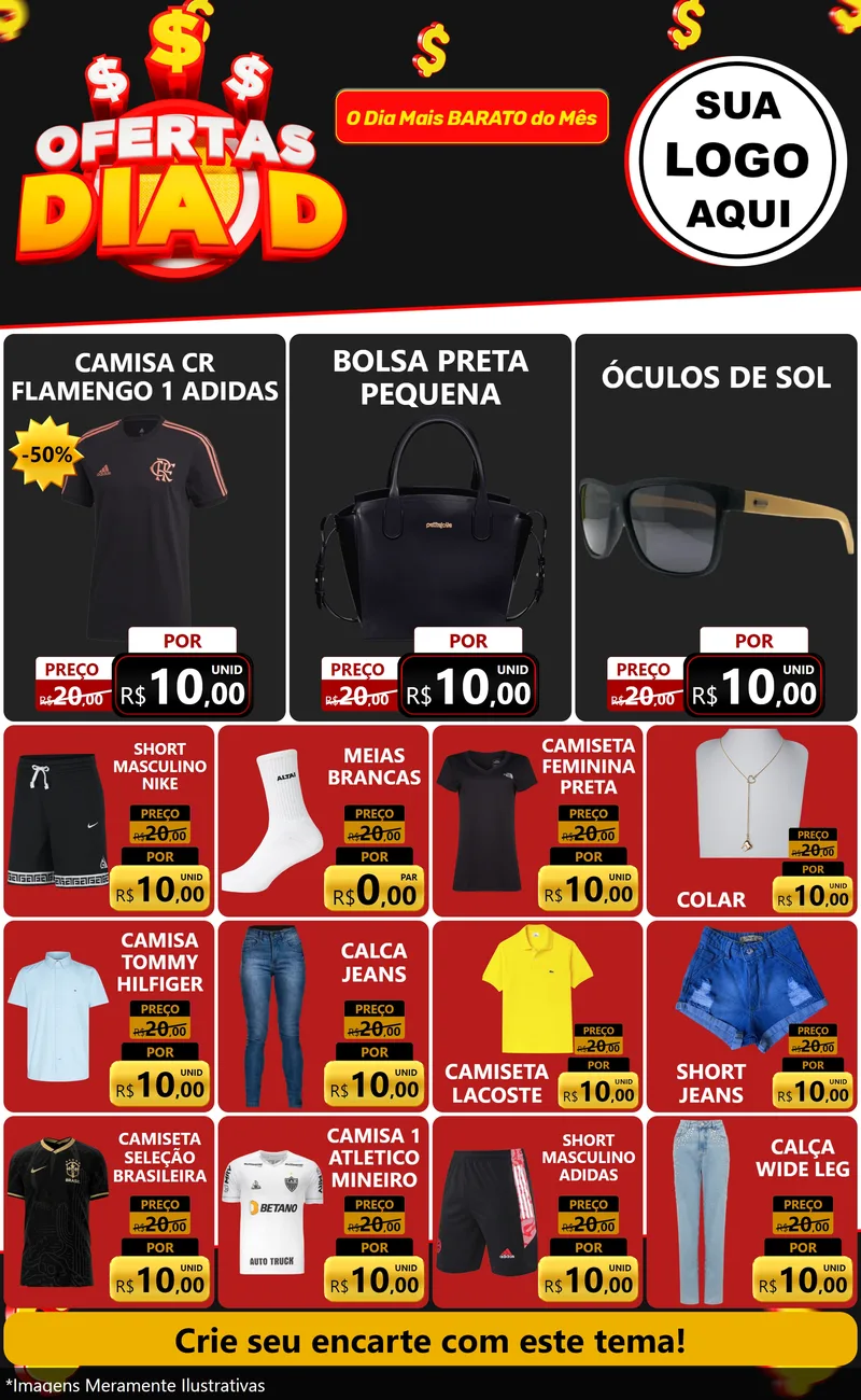 Modelo de Encarte para Encarte Grande com o tema Ofertas Dia D para Roupas e acessórios