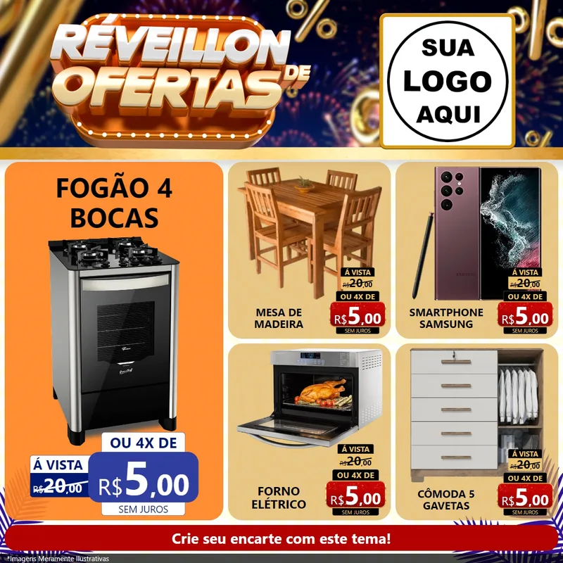 Modelo de Rede Social para Feed Facebook com o tema Réveillon de Ofertas para Móveis e Eletro