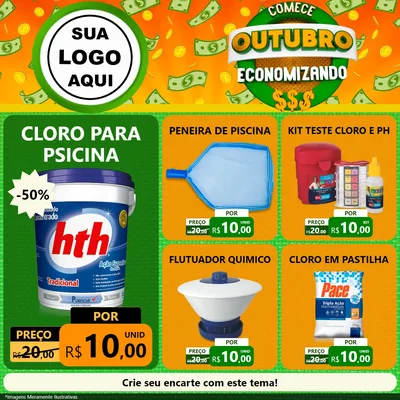 Modelo de Rede Social para Feed Facebook com o tema Comece Outubro Economizando para Produtos para Piscina