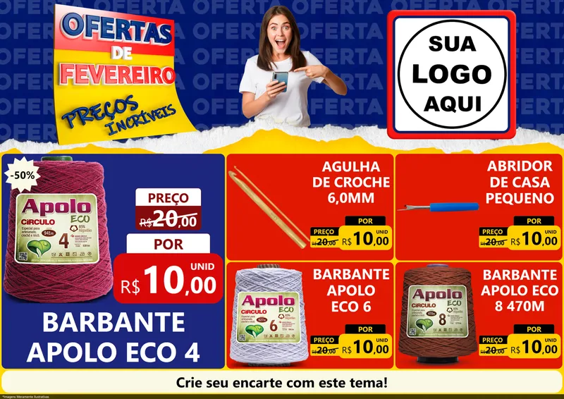 Modelo de Encarte para Encarte A4 Horizontal com o tema Ofertas de Fevereiro - Preços Incríveis para Armarinho e Aviamentos