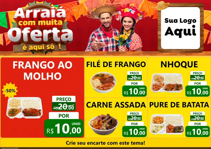 Modelo de Encarte para Encarte A4 Horizontal com o tema Arraiá Com Muita Oferta - É Aqui Sô! para Restaurante