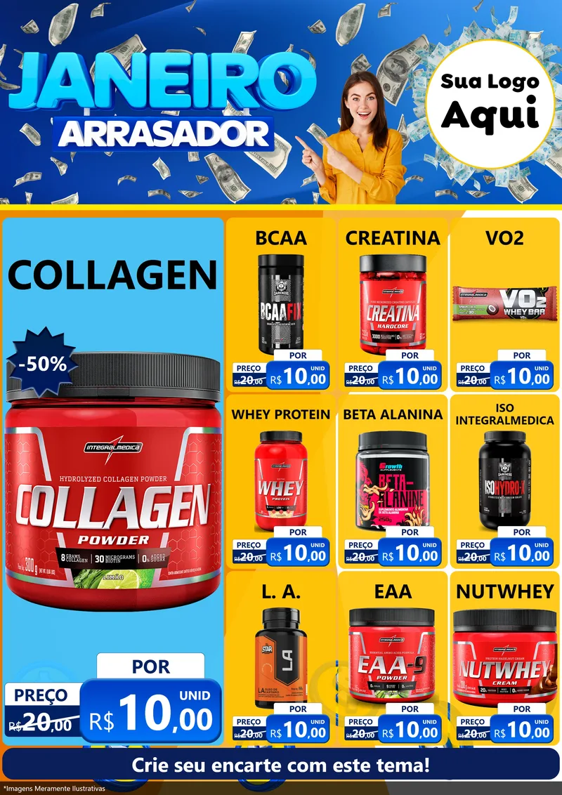 Modelo de Encarte para Encarte A4 Vertical com o tema Janeiro Arrasador para Suplementos alimentares