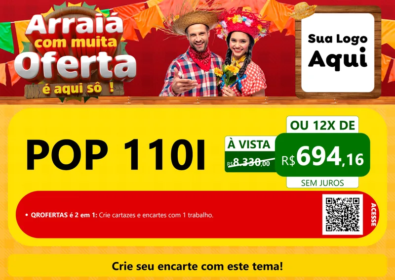Modelo de Cartaz para Cartaz A4 Horizontal com o tema Arraiá Com Muita Oferta - É Aqui Sô! para Concessionaria de Motos