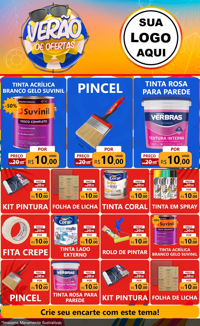 Modelo de Encarte para Encarte Grande com o tema Verão de Ofertas para Tintas e Ferramentas