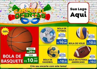Modelo de Encarte para Encarte A4 Horizontal com o tema Carnaval de Ofertas para Artigos Esportivos