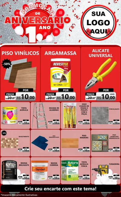 Modelo de Encarte para Encarte Grande com o tema Promoção de Aniversário - 1 Ano para Material para Construção