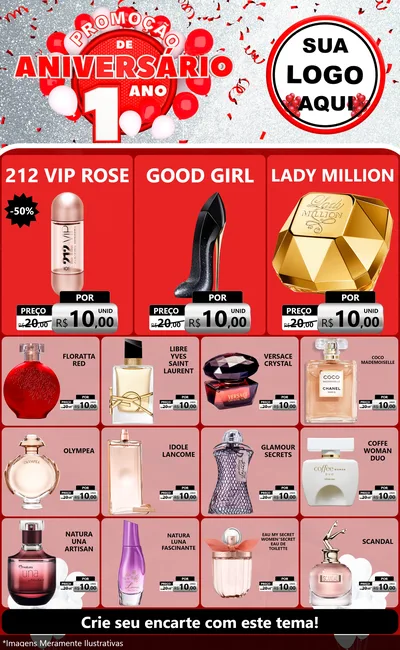 Modelo de Encarte para Encarte Grande com o tema Promoção de Aniversário - 1 Ano para Perfumes