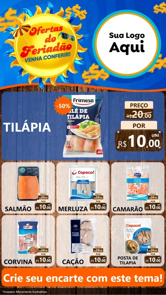 Modelo de Rede Social para Stories com o tema Ofertas do Feriadão para Peixaria