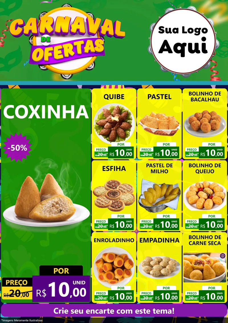 Modelo de Encarte para Encarte A4 Vertical com o tema Carnaval de Ofertas para Salgadaria