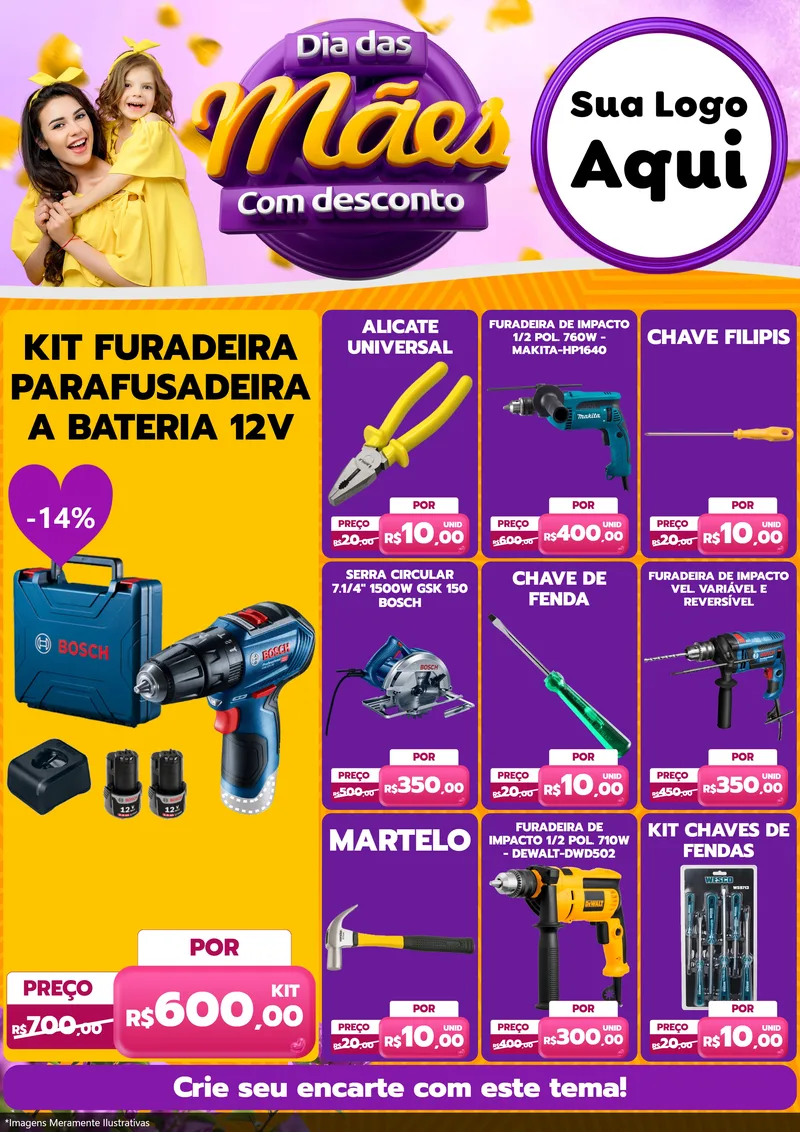 Modelo de Encarte para Encarte A4 Vertical com o tema Dia das Mães com Desconto para Maquinas e Ferramentas