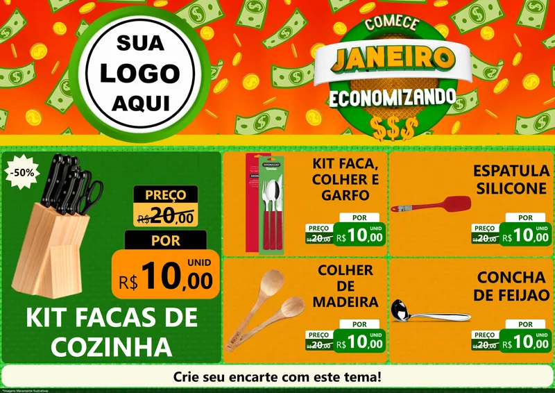 Modelo de Encarte para Encarte A4 Horizontal com o tema Comece Janeiro Economizando para Utilidades Domésticas