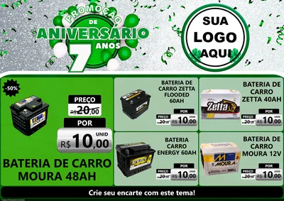 Modelo de Encarte para Encarte A4 Horizontal com o tema Promoção de Aniversário - 7 Anos para Baterias Elétricas