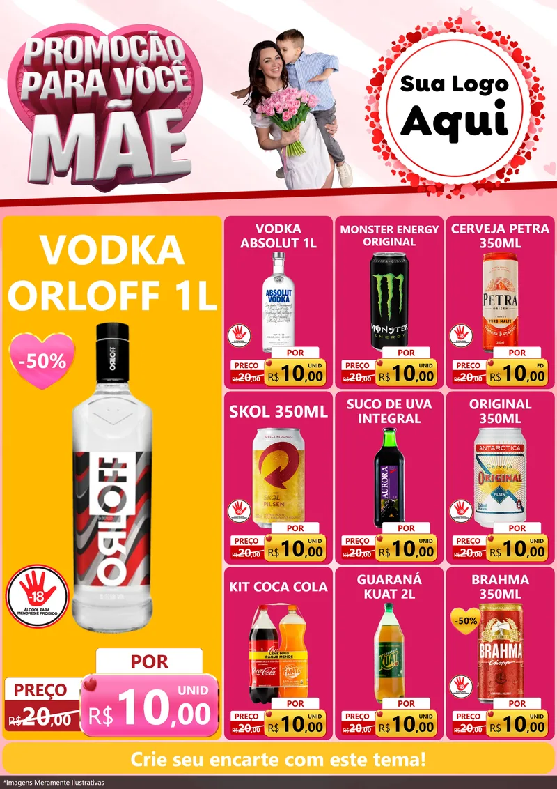 Modelo de Encarte para Encarte A4 Vertical com o tema Promoção Para Você Mãe para Distribuidora de bebidas