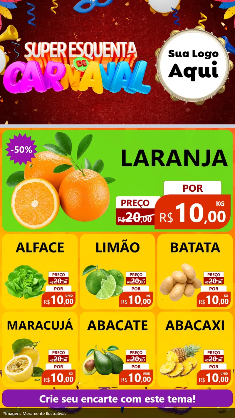 Modelo de Rede Social para Stories com o tema Super Esquenta de Carnaval para Hortifrúti