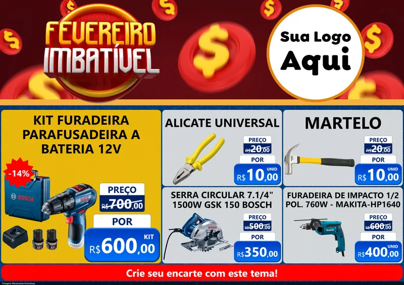 Modelo de Encarte para Encarte A4 Horizontal com o tema Fevereiro Imbatível para Maquinas e Ferramentas
