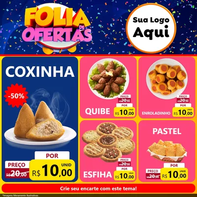 Modelo de Rede Social para Feed Facebook com o tema Folia de Ofertas para Salgadaria
