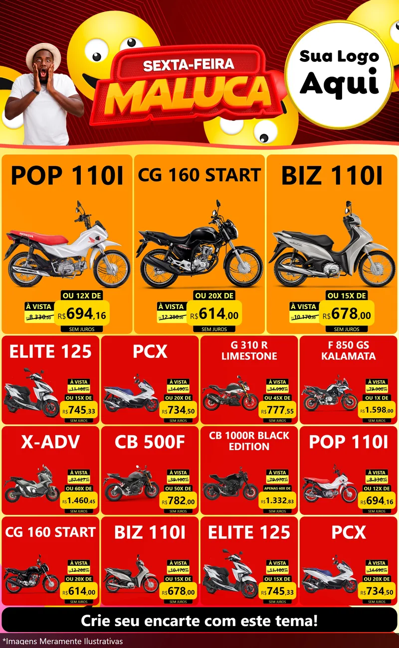 Modelo de Encarte para Encarte Grande com o tema Sexta-feira Maluca para Concessionaria de Motos