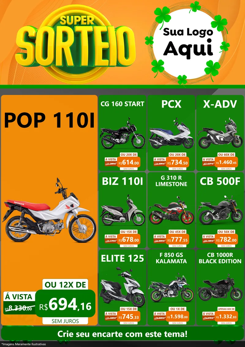 Modelo de Encarte para Encarte A4 Vertical com o tema Super Sorteio para Concessionaria de Motos