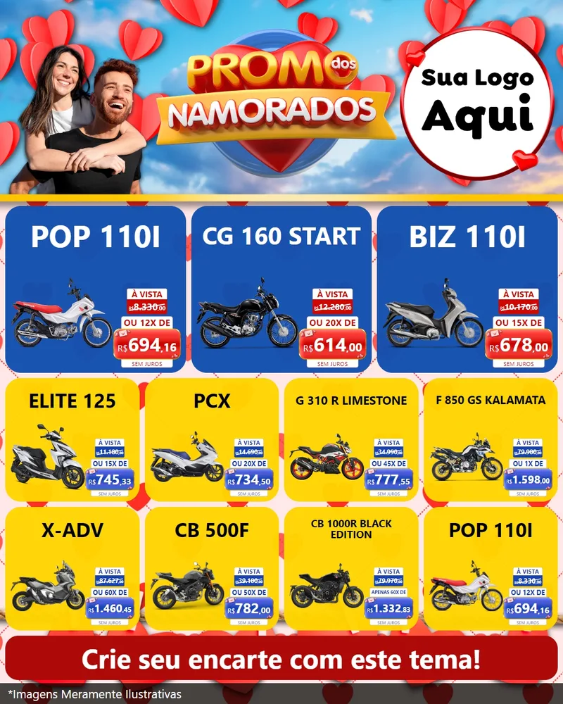 Modelo de Rede Social para Feed Instagram com o tema Promo dos Namorados para Concessionaria de Motos