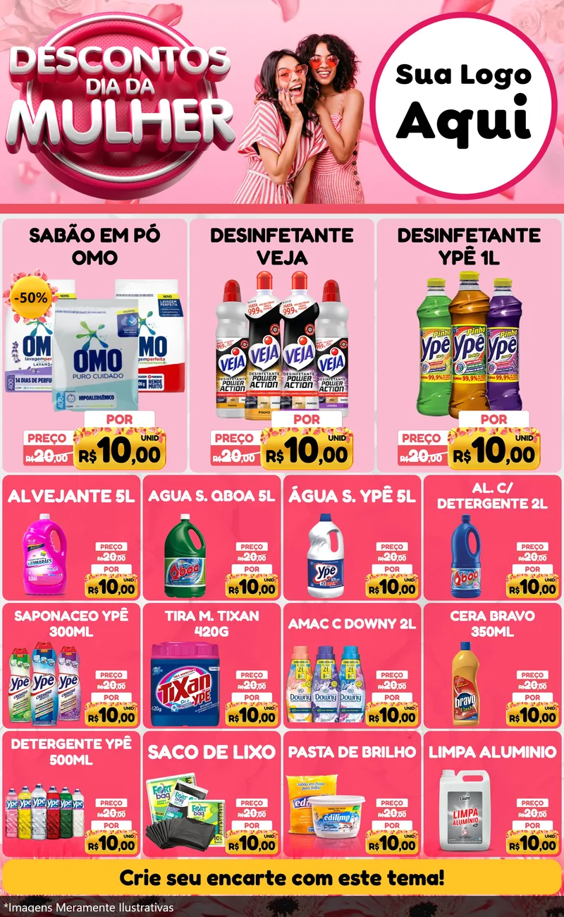 Modelo de Encarte para Encarte Grande com o tema Descontos Dia da Mulher para Produtos de Limpeza