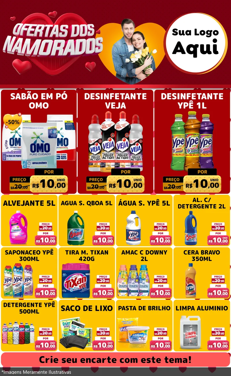Modelo de Encarte para Encarte Grande com o tema Ofertas Dos Namorados para Produtos de Limpeza