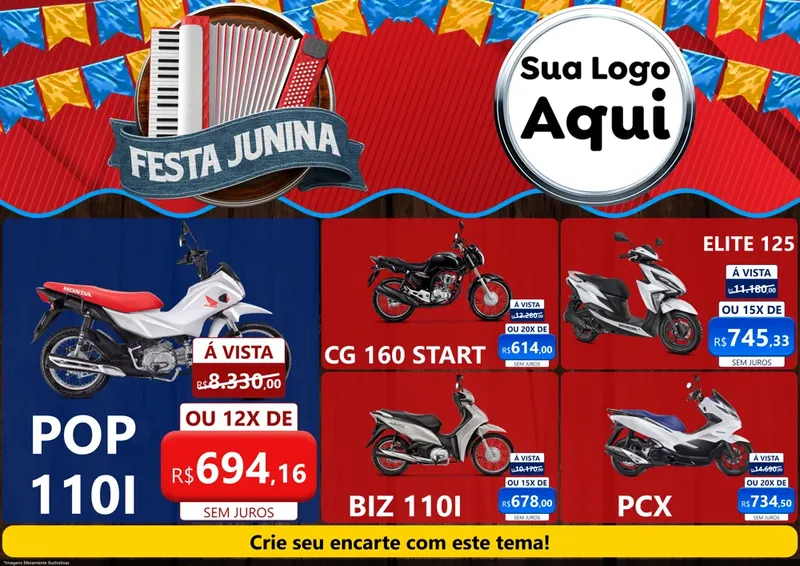Modelo de Encarte para Encarte A4 Horizontal com o tema Festa Junina para Concessionaria de Motos