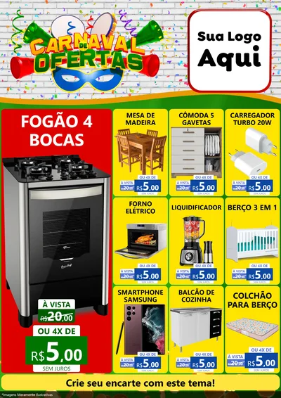 Modelo de Encarte para Encarte A4 Vertical com o tema Carnaval de Ofertas para Móveis e Eletro