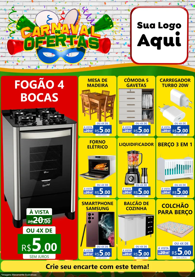 Modelo de Encarte para Encarte A4 Vertical com o tema Carnaval de Ofertas para Móveis e Eletro