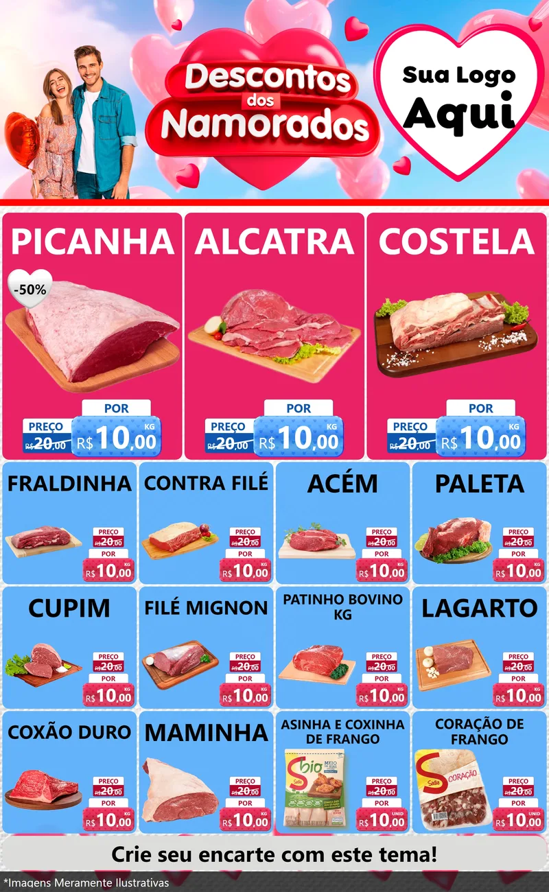 Modelo de Encarte para Encarte Grande com o tema Descontos dos Namorados para Açougue