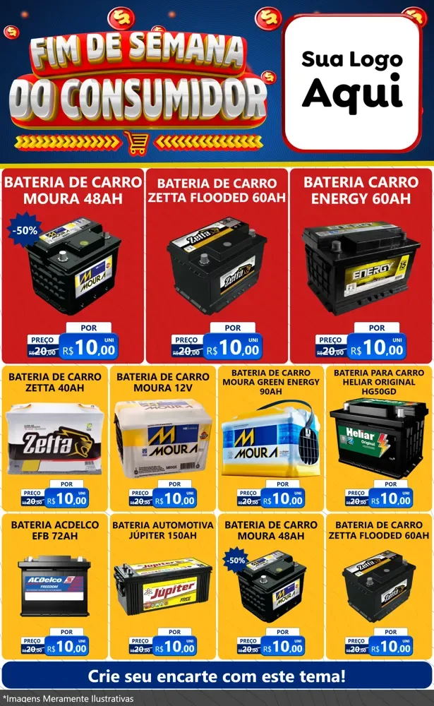 Modelo de Encarte para Encarte Grande com o tema Fim de Semana do Consumidor para Baterias Elétricas
